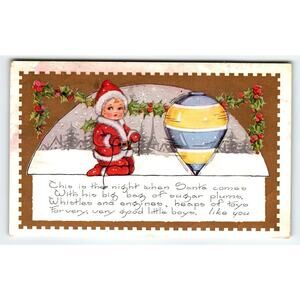 Christmas Postcard Whitney Small Child In Santa Suit Wooden Top Toy 1920 Vintage
